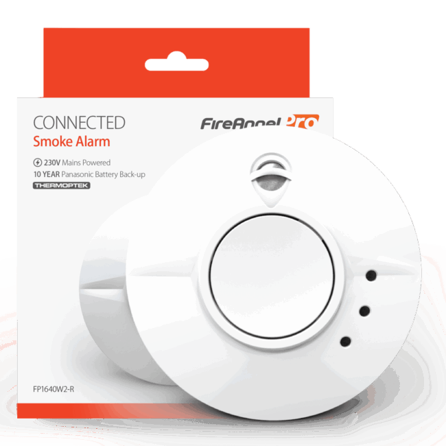 FP1640W2-R smoke alarm shown with its packaging in the background.