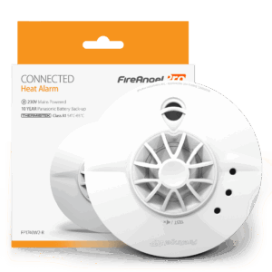 Two FP1740W2-R heat alarms displayed with their orange and white FireAngel Pro boxes.