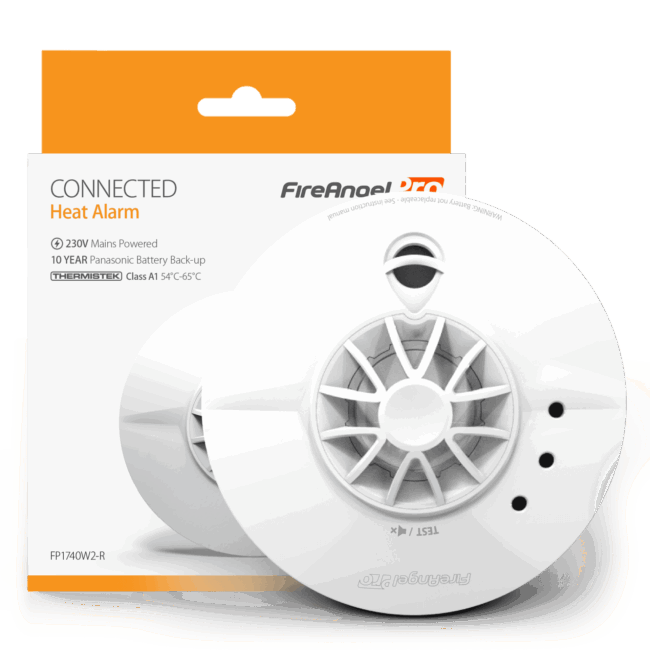 Two FP1740W2-R heat alarms displayed with their orange and white FireAngel Pro boxes.