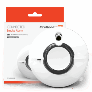 Two FP2620W2-R smoke alarms in white are placed in front of their packaging box.