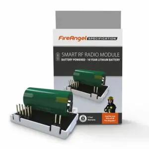 FS1521W2-T RF module with 10-year lithium battery shown in front of its packaging.