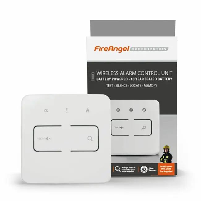 FS1524W2-T wireless alarm control unit with FireAngel Specification packaging.