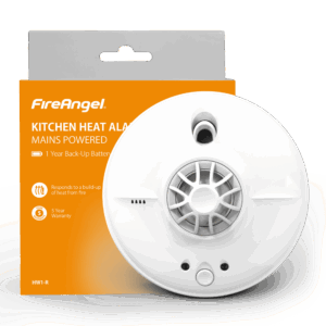 White HW1-R kitchen heat alarm displayed in front of orange FireAngel packaging.