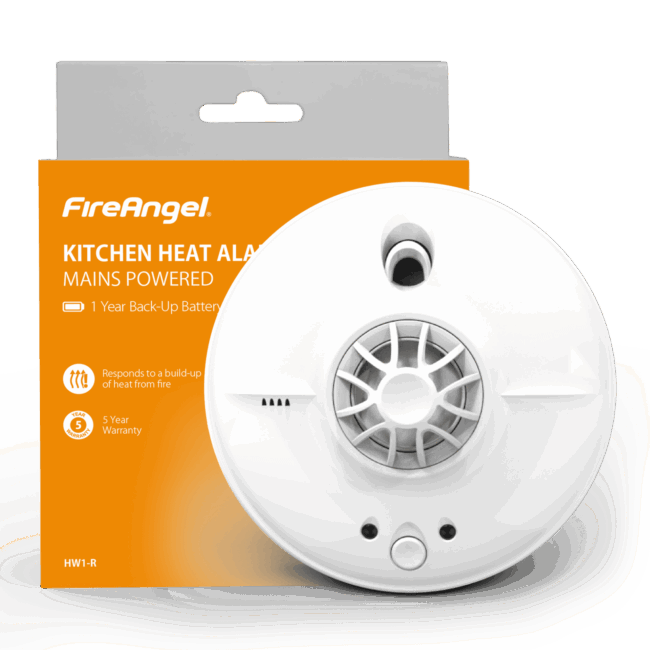 White HW1-R kitchen heat alarm displayed in front of orange FireAngel packaging.