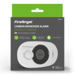 FA3322 carbon monoxide alarm with LCD display and key features shown on packaging.