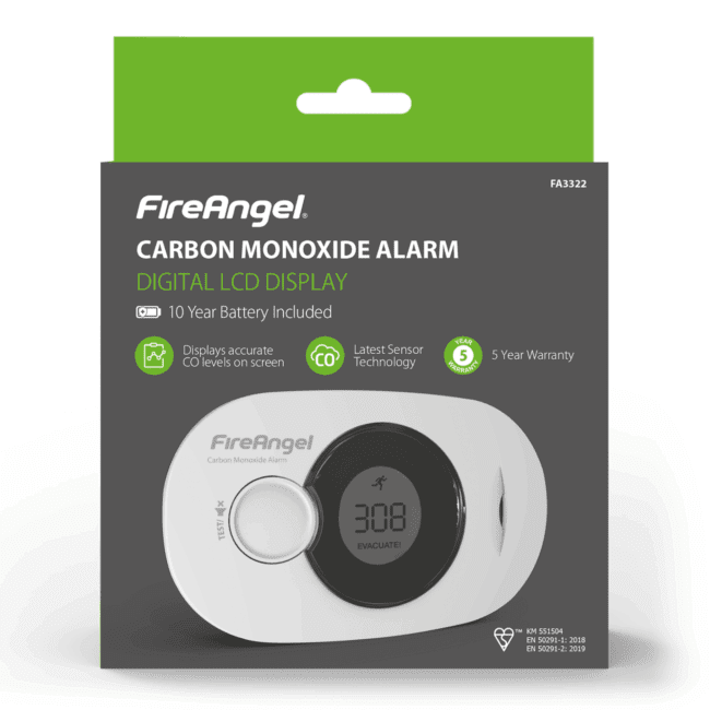 FA3322 carbon monoxide alarm with LCD display and key features shown on packaging.