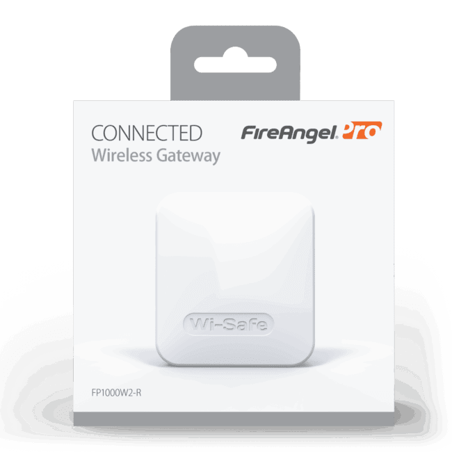 Front view of FP1000W2-R FireAngel Pro Connected wireless gateway in retail packaging.