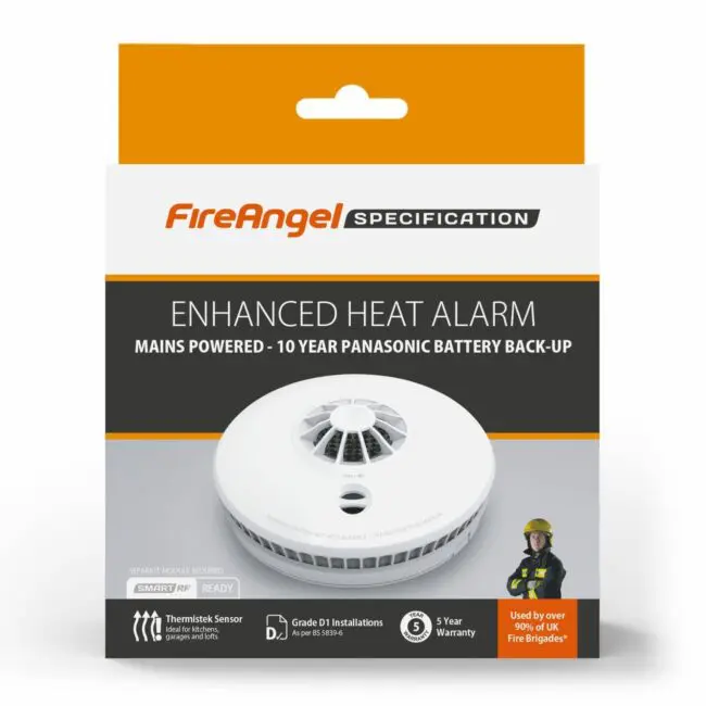 HM-SN-1 Enhanced Heat Alarm in retail packaging with key features highlighted.