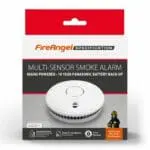 SM-SN-1 multi-sensor smoke alarm in retail packaging with key features displayed.