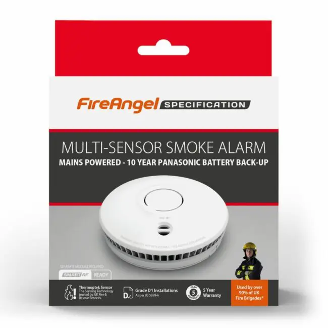 SM-SN-1 multi-sensor smoke alarm in retail packaging with key features displayed.