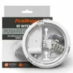 RF-BW-T smoke alarm base with exposed wiring shown in front of its packaging.