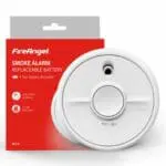 SB1-R smoke alarm with replaceable battery, in red and white packaging.