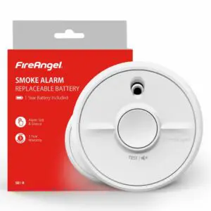 SB1-R smoke alarm with replaceable battery, in red and white packaging.