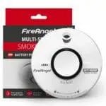 FireAngel ST-622R smoke alarm in packaging with test/reset button and product details shown.