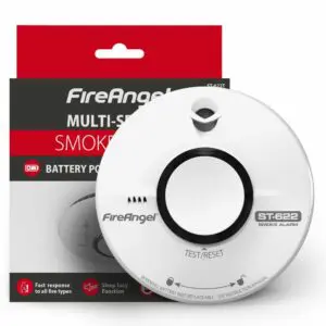 FireAngel ST-622R smoke alarm in packaging with test/reset button and product details shown.