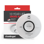 FireAngel ST-750T smoke alarm with 10-year battery life shown in front of packaging.