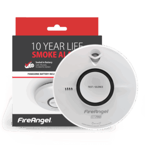 FireAngel ST-750T smoke alarm with 10-year battery life shown in front of packaging.