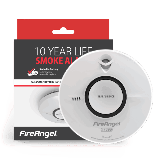FireAngel ST-750T smoke alarm with 10-year battery life shown in front of packaging.
