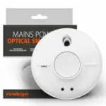 SW10-EUT round white smoke alarm in front of FireAngel branded packaging.
