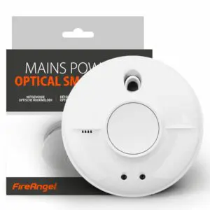 SW10-EUT round white smoke alarm in front of FireAngel branded packaging.