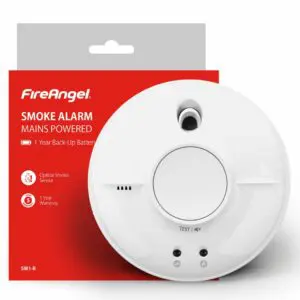 SW1-R smoke alarm, mains powered with backup battery, shown before red FireAngel packaging.