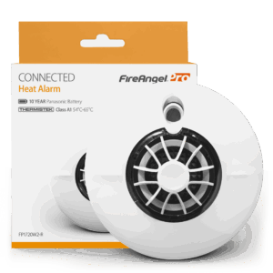 White FP1720W2-R heat alarm with packaging labelled Connected Heat Alarm.