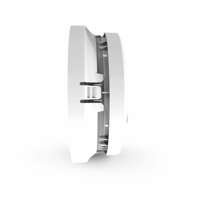Side view of a CW1-PF-T white round smoke detector, isolated on a white background.