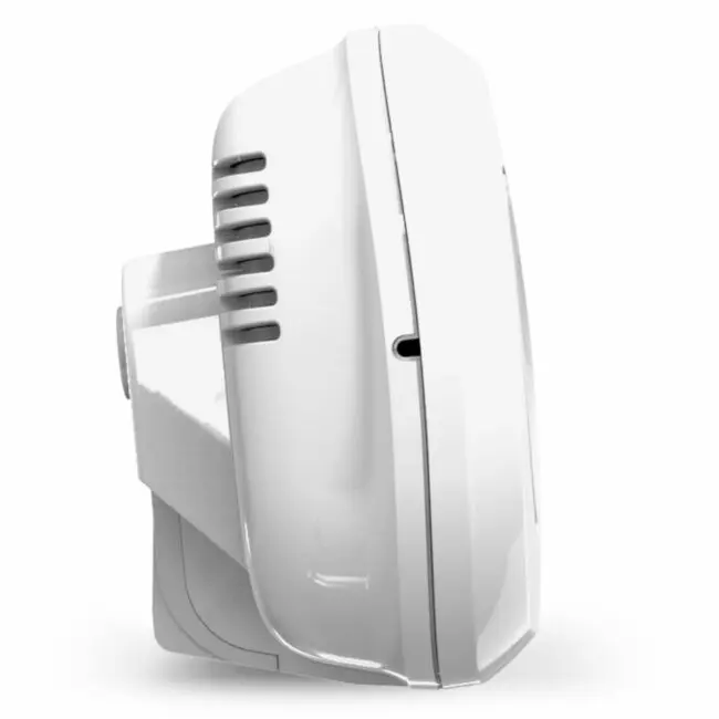 Side view of FA3313x4, a white plastic device with vent slits and wall-mount bracket.