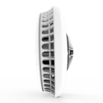Side view of FP1720W2-R, a white round household fan with visible vent openings.