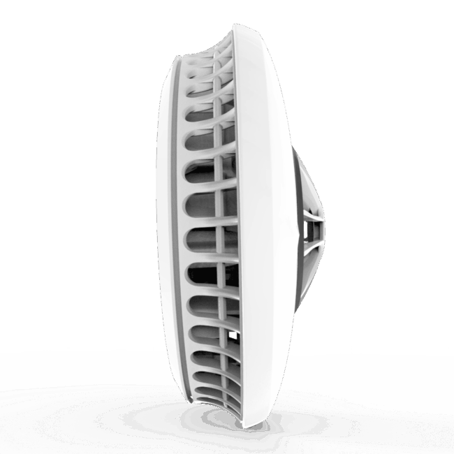 Side view of FP1720W2-R, a white round household fan with visible vent openings.
