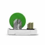 FS1521W2-T: White tape dispenser with green roll, metal blade, and small beige sticks on right.