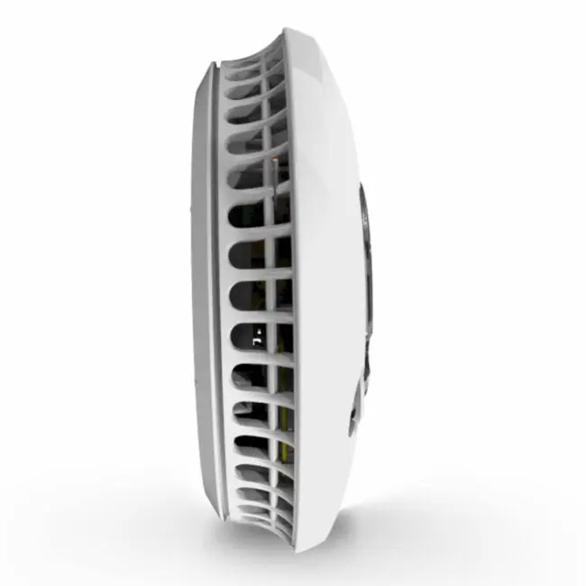 Side view of FS2126-T, a round white device with vents and a smooth casing.