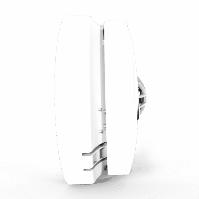 Side view of HW1-PF-T detector showing white finish and metal mounting clips.