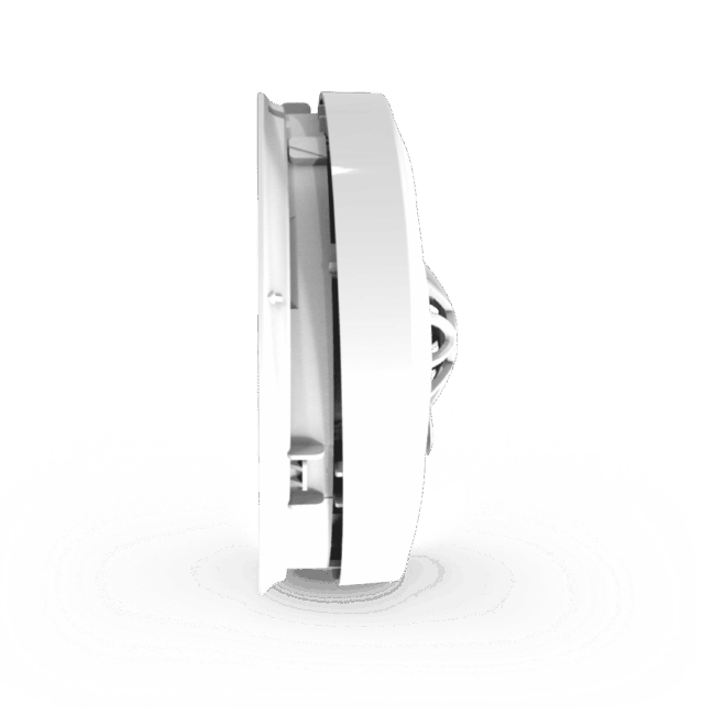 Side view of HW1-R, a white round smoke detector, against a plain light background.