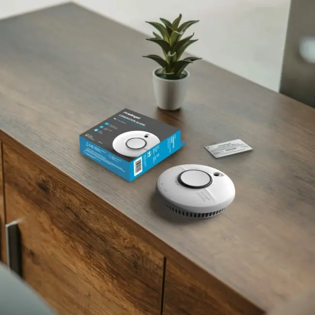 An SCB10-R alarm, its box, and leaflet sit on a cupboard beside a small potted plant.