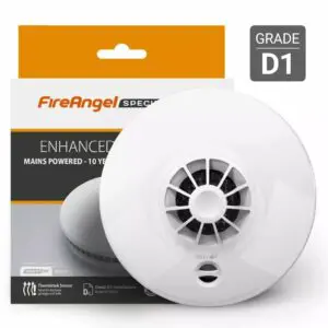White HM-SN-1 smoke alarm with FireAngel Enhanced packaging and a Grade D1 badge.