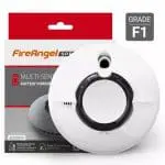 White FS2126-T FireAngel smoke alarm with packaging and Grade F1 label in the background.