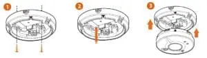 Three-step diagram showing how to remove a 9V Hardwired smoke detector from its ceiling mount.