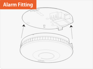 Line drawing showing hardware installation of smoke alarms, with the label Alarm Fitting above.