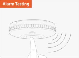 Finger pressing smoke alarm button; waves indicate the alarm is being tested.
