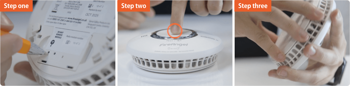 Three-step process: insert battery, press test button, and twist to attach interlinking alarms.