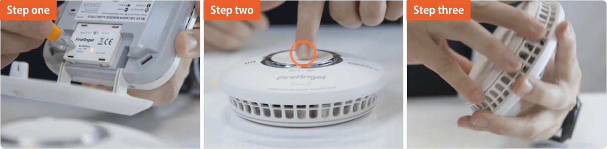 Three steps: insert battery, press button to test, then close interlinking proconnected alarm.