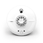 White, round HW10-EUT smoke detector with central sensor and vent openings, viewed from beneath.