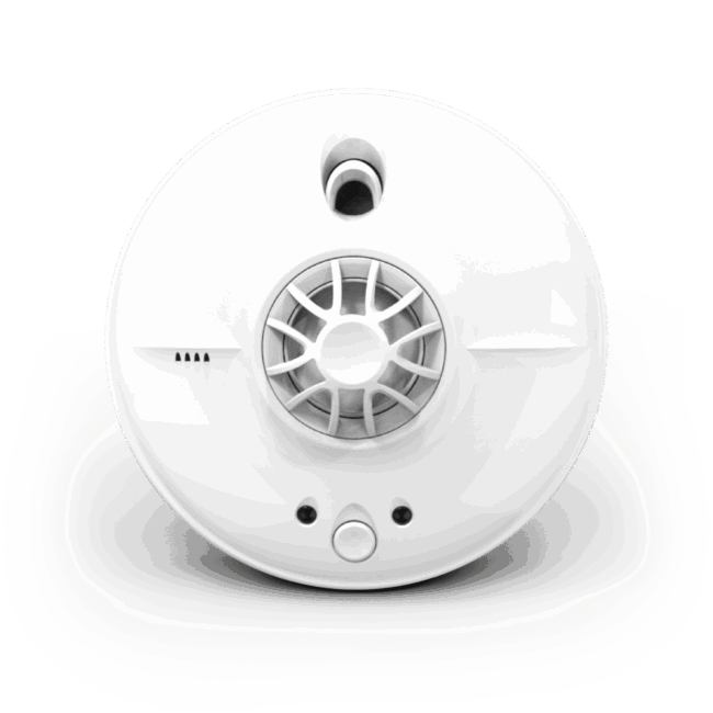 White, round HW10-EUT smoke detector with central sensor and vent openings, viewed from beneath.