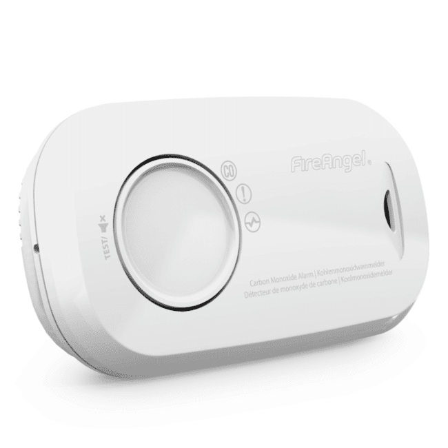 White FA3313-EUX10 CO alarm with test button and indicator lights.
