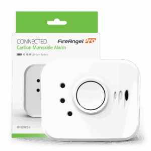 FP1820W2-R carbon monoxide alarm displayed in front of its FireAngel PRO packaging.