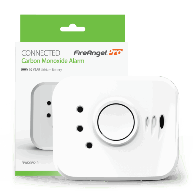 FP1820W2-R carbon monoxide alarm displayed in front of its FireAngel PRO packaging.