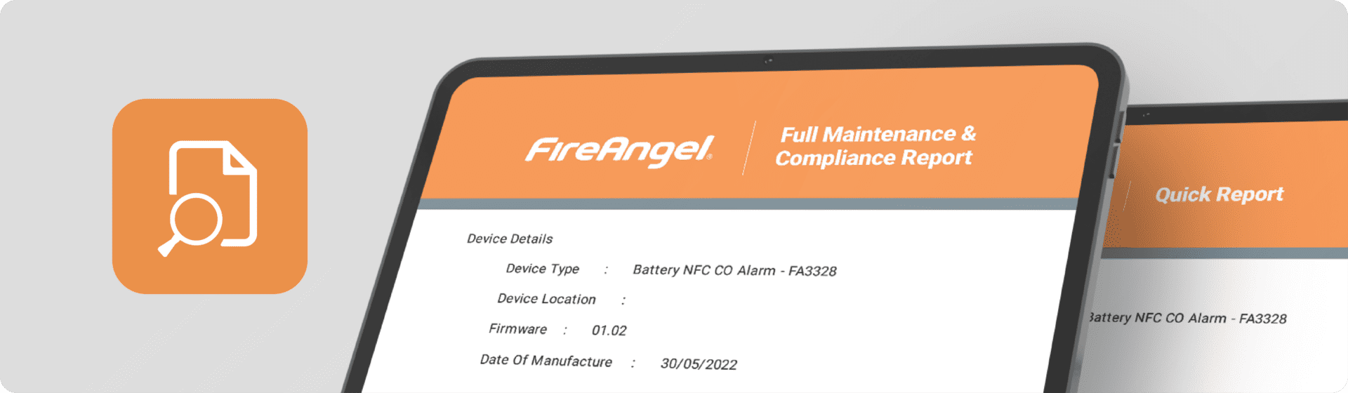 Tablet with FireAngel Sync‑It report, beside a document search icon on orange background.