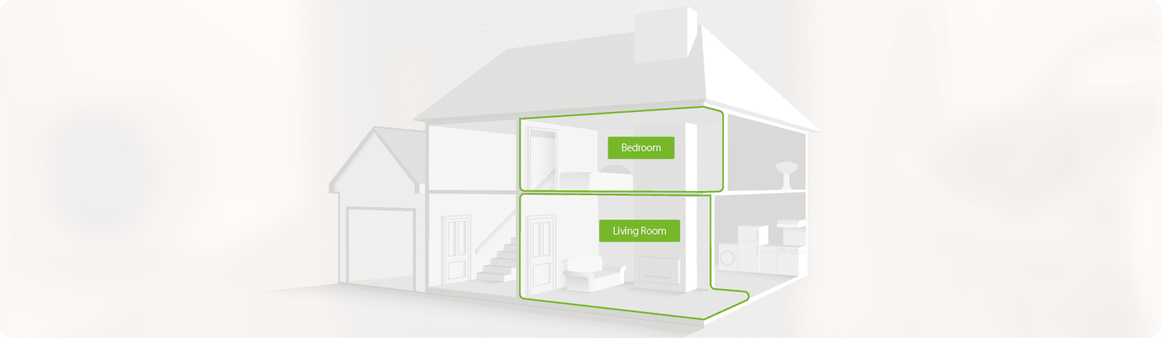 Diagram of a house showing labelled bedroom, living room, and CO standard (BS EN 50292:2023) info.