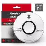 ST-622T smoke alarm with packaging and Grade F1 safety label.